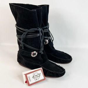 Bastien Hiawatha Moccasin Boots Size 9 Black Suede Leather Huron Native Made